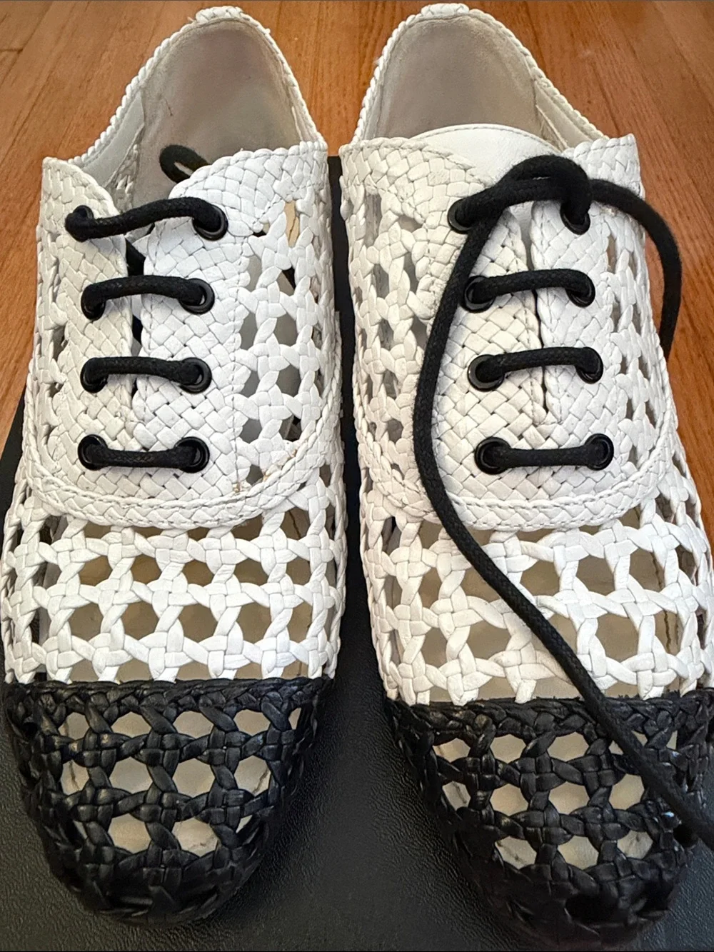 CHANEL White Woven Lace-Up Flats with Black Cap Toe